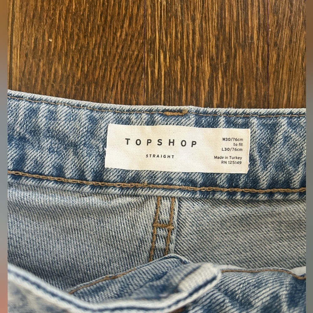 Topshop Jeans Denim Straight Leg Raw Frayed Hem Light Acid Wash - Picture 5 of 8